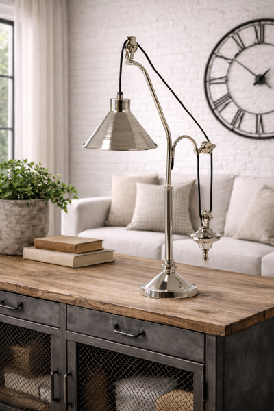 Tischleuchte mit Gegenzug nickel - chrom